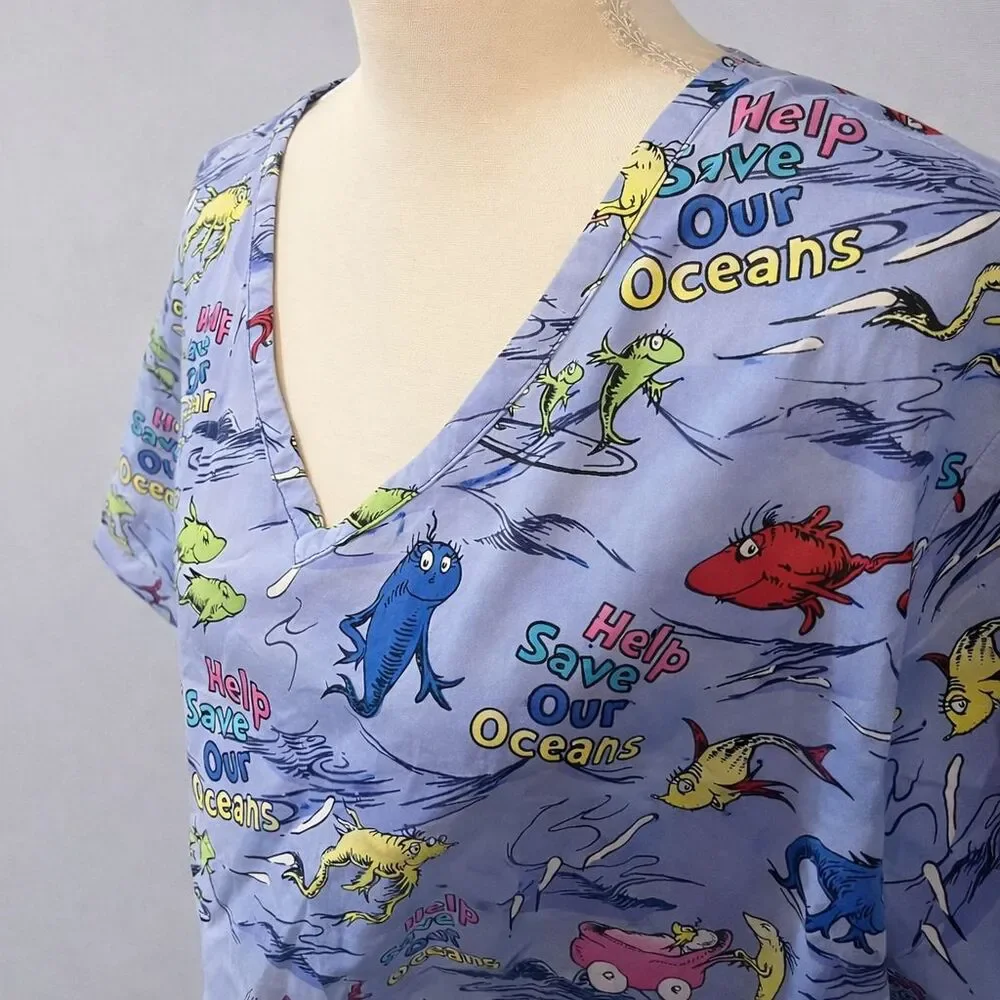 Dr. Seuss Help Save Our Oceans Medical Scrub Top 3XL Light Blue 2 Pocket V-Neck - Picture 2 of 6